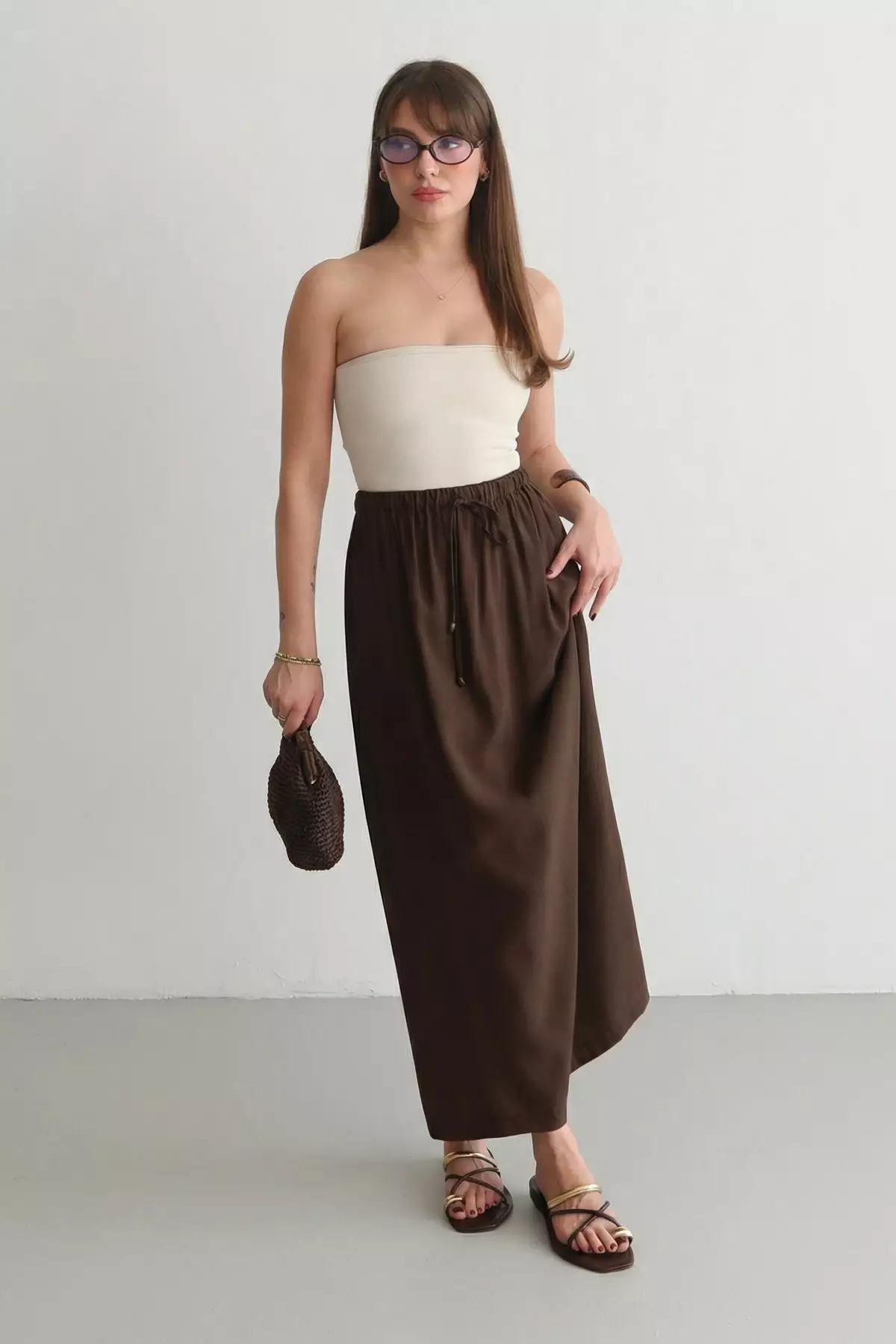 Dark Brown Modal Elastic Waist Long Maxi Skirt Twoss26Et82