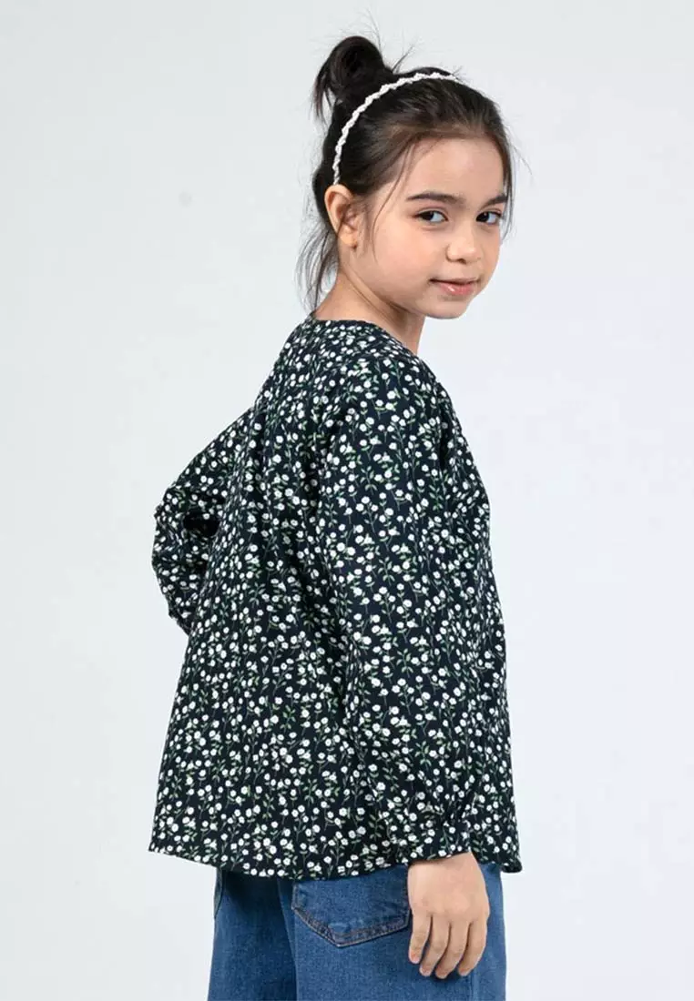 Forest Kids Girls Floral Pattern Cotton Button Blouse Woven Long Sleeve Top - FK820084-30DkBlue