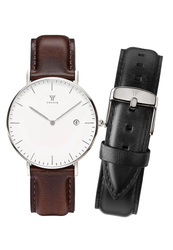 YOUNIQ white and silver and brown YOUNIQ Women Extra Strap Gift Set Pinot White Dial Silver Quartz Sapphire Crystal Genuine Leather Watch 19DB6AC16DB024GS_1