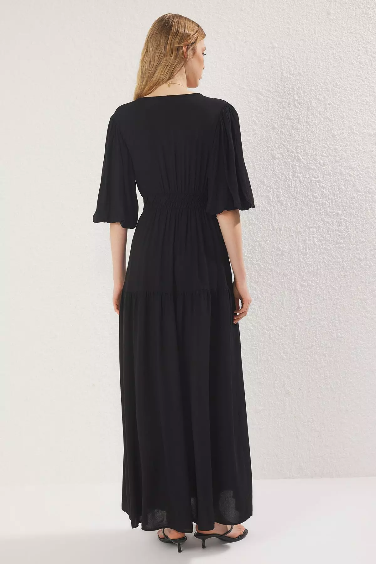 Black Waist Opening V-Neck Maxi Woven Dress Twoss25El00776
