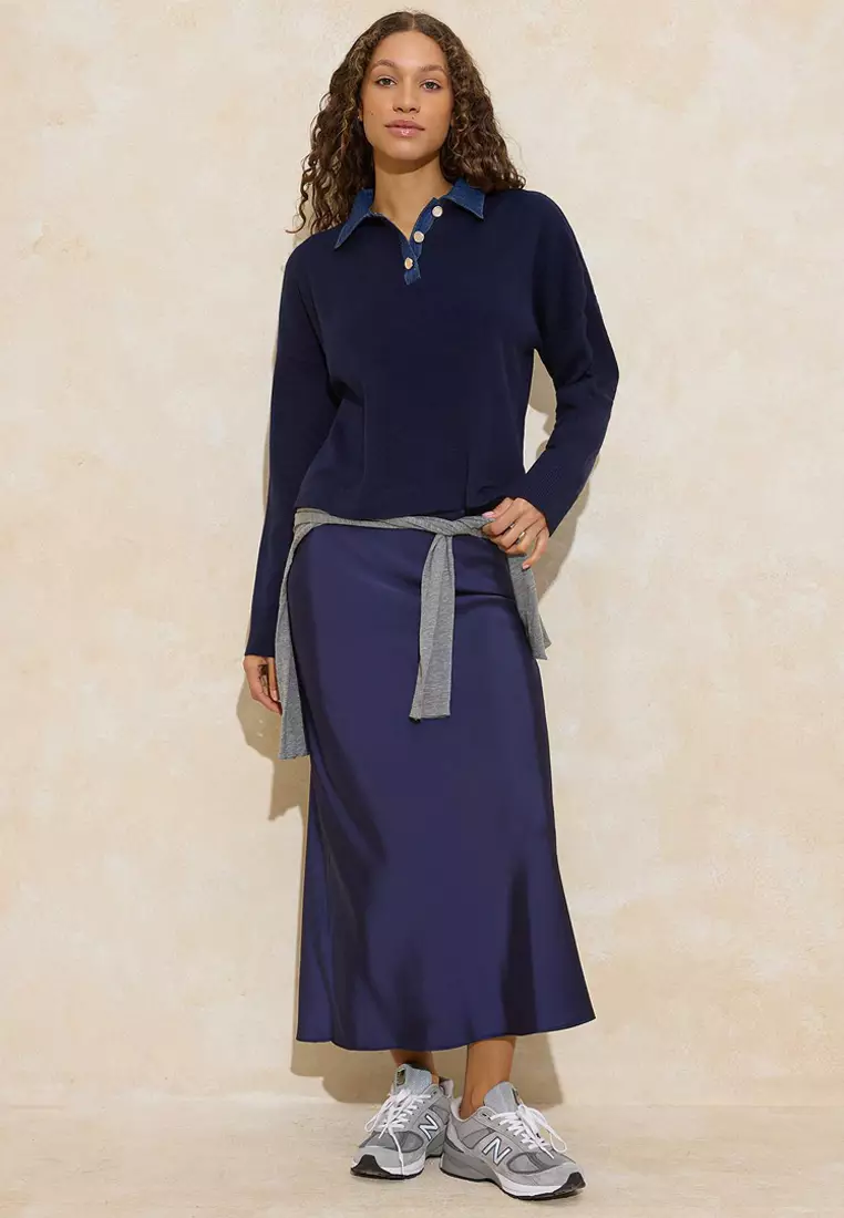 Navy Blue*1 Denim Paneled Polo Neck Knitwear Sweater Twoaw26Kz283