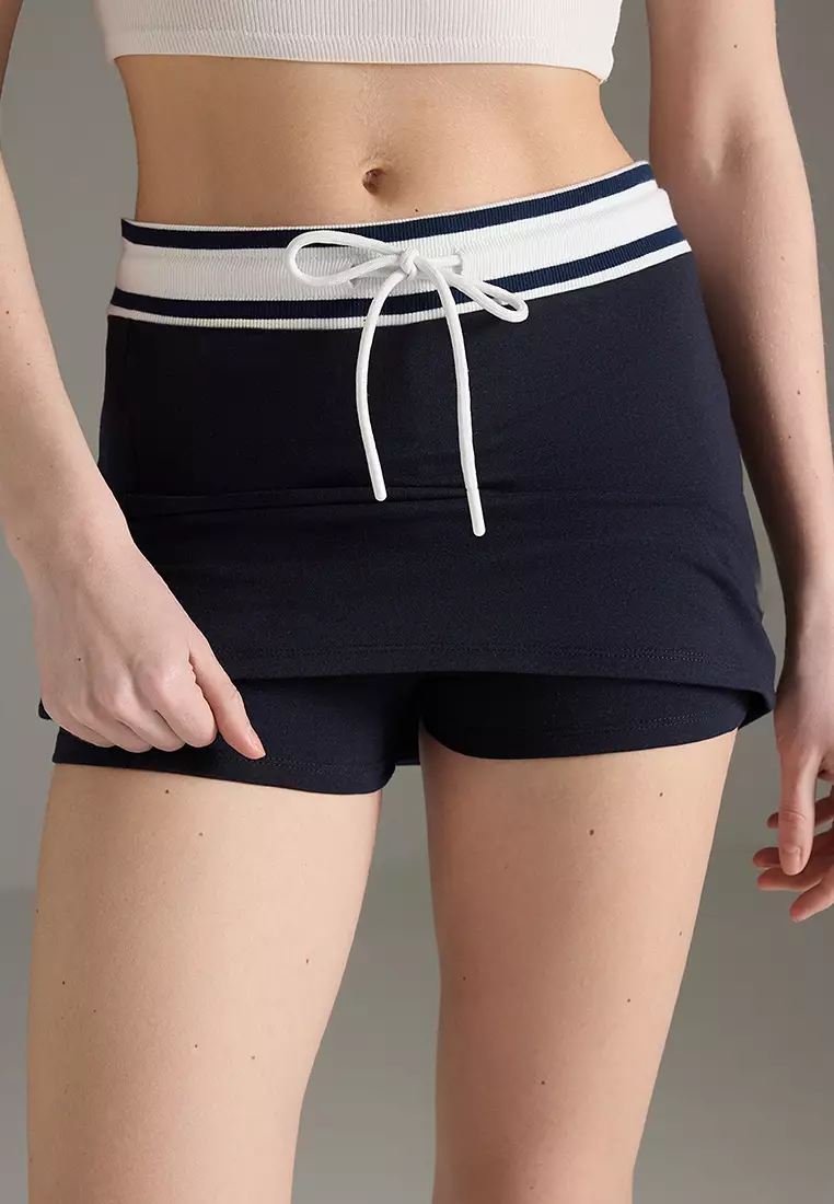 Navy Blue Elastic Waist Slit Mini Knitted Shorts Skirt TWOSS25SR00202