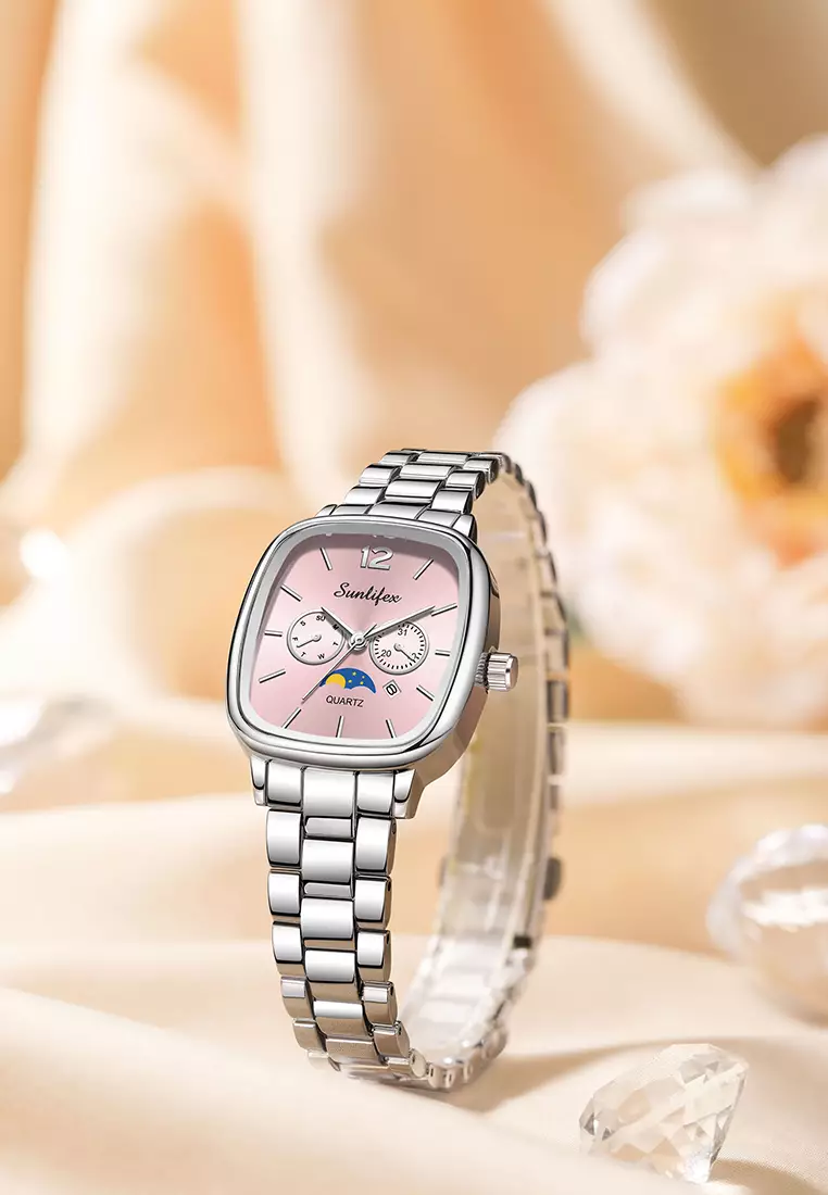 Jam Tangan Wanita Original Kalender Kasual Korean Style Tali Paduan Jam Tangan Cewek B006 silverpink