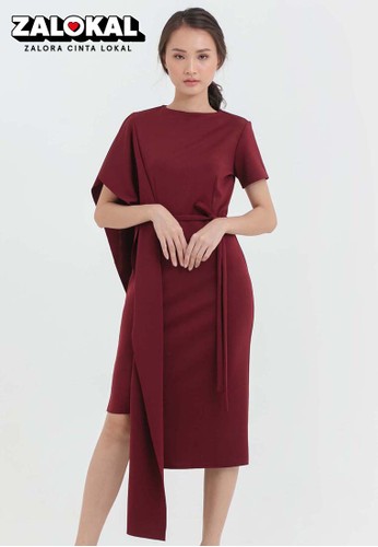 Jual Cloth Inc One Drapery Sleeve Scuba Midi Dress In Maroon Original Zalora Indonesia