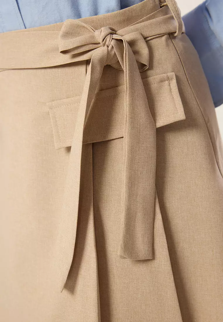 Beige Pleated Skirt With Stripe Fabric Detail Mini Length Woven Skirt