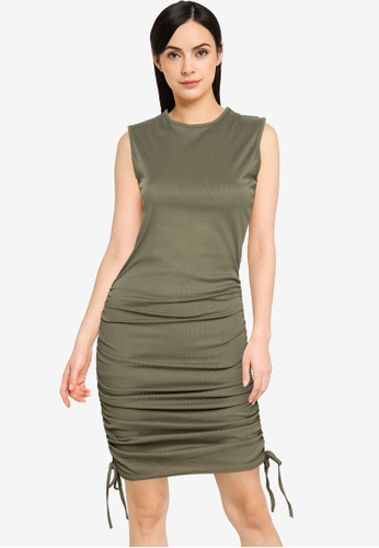 Public Desire green Round Neck Ruched Dress 4E63AAA30D0C2DGS_1