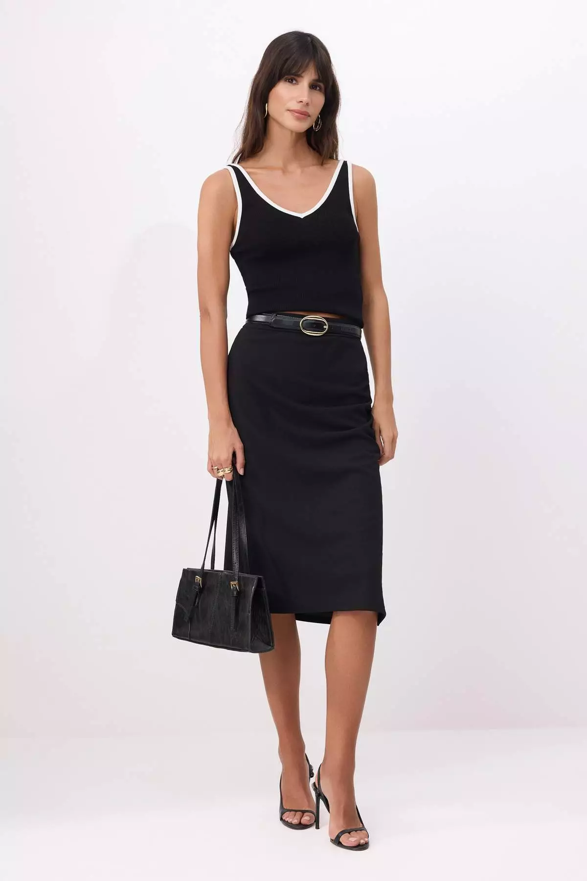 Black Straight Pencil Slit Normal Waist Midi Scuba Crepe Knitted Skirt Twoss26Et15
