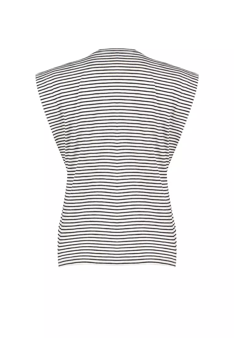 Multi Color 100% Cotton Striped Wadding Look Basic Crew Neck Knitted T-Shirt TWOSS20TS0021