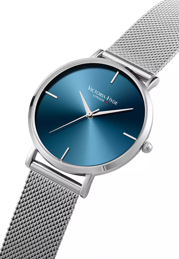 Men Watch 38.2mm Simple Business Silver Stainless Steel Mesh Strap And Case Blue Dia-Silver