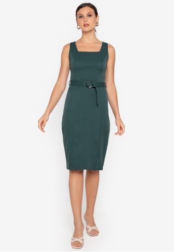 ZALORA WORK green Square Neck Belted Pencil Dress 8ABD4AA5178272GS_1