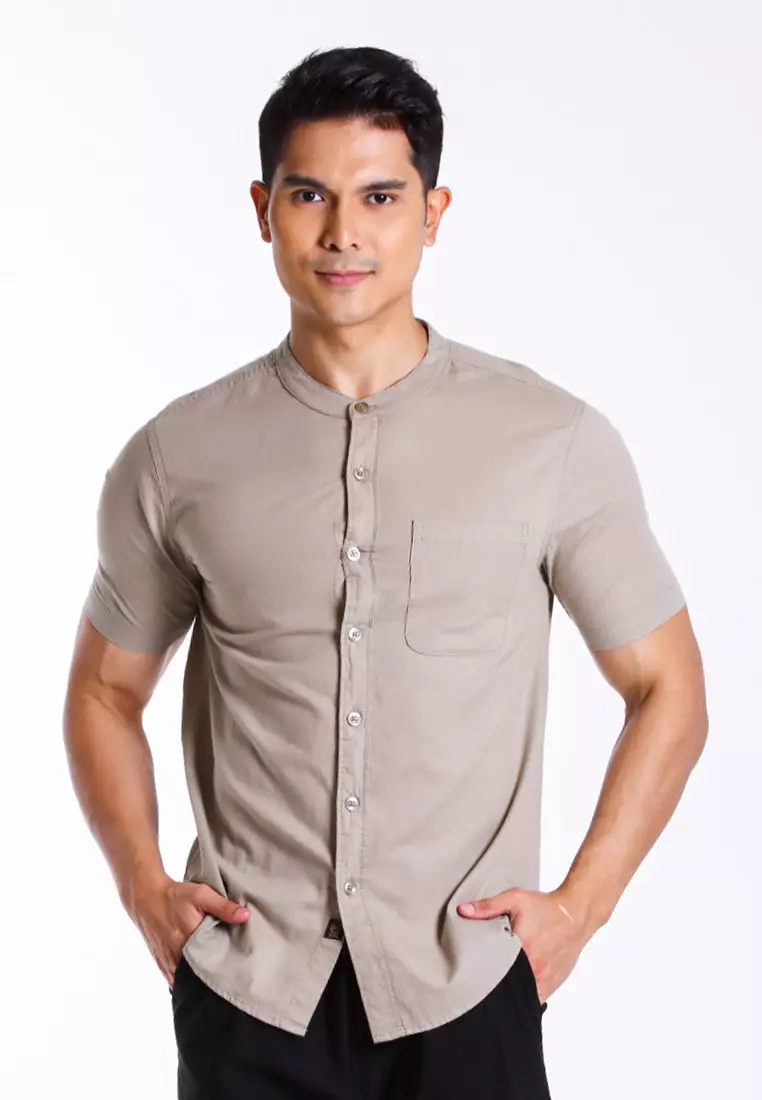 Forest Woven Mandarin Collar Short Sleeve Men Shirt | 621405-14KhakiGreen