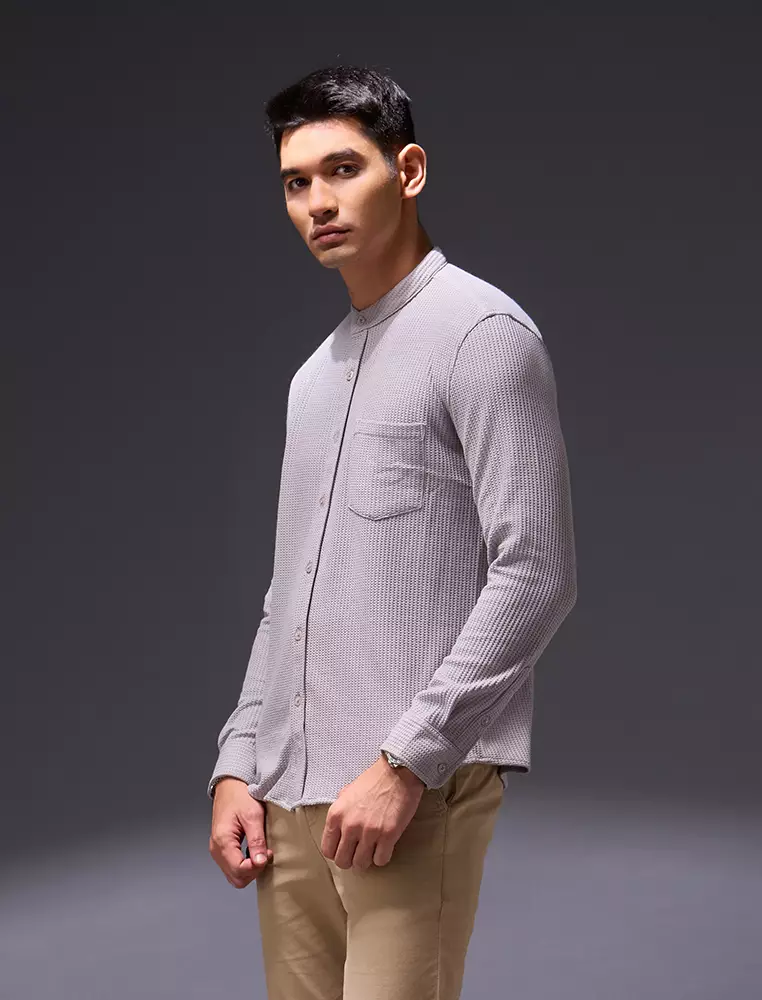 OXCON kemeja Tangan Panjang Waffle Kerah Collarless Light Grey