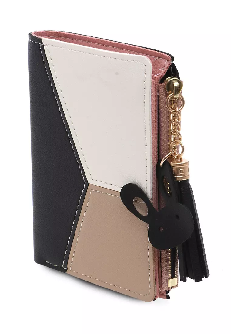 Dompet Mini Triple Color Design Simple Detail Zip - Hitam