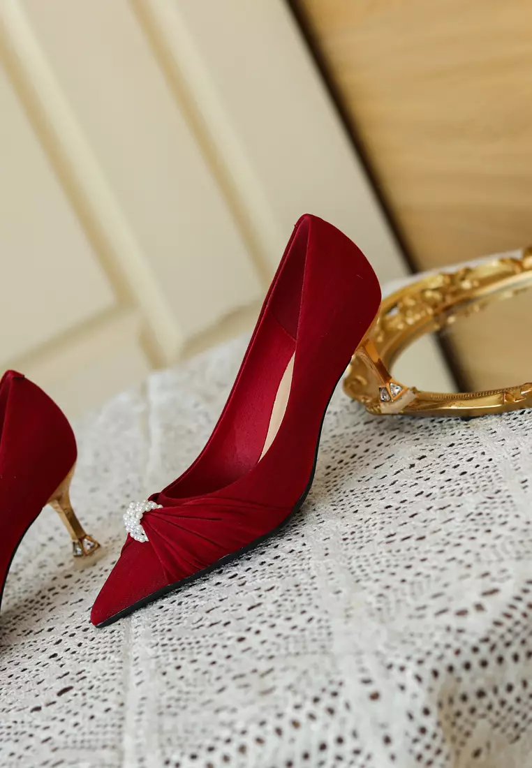 6.5CM 珍珠扣尖頭綢緞面高踭鞋 XJ998-12