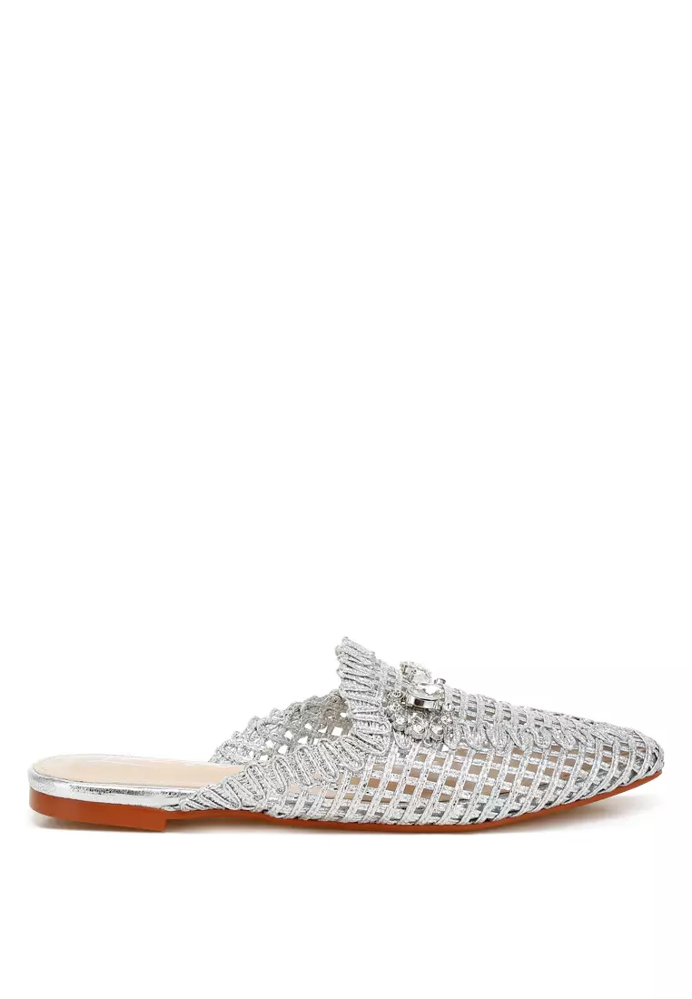 Metallic Woven Diamante Mules in Silver