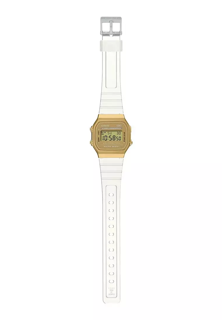 Vintage A168XESG-9A Unisex Gold Dial with White Transparent Resin Band Digital Watch