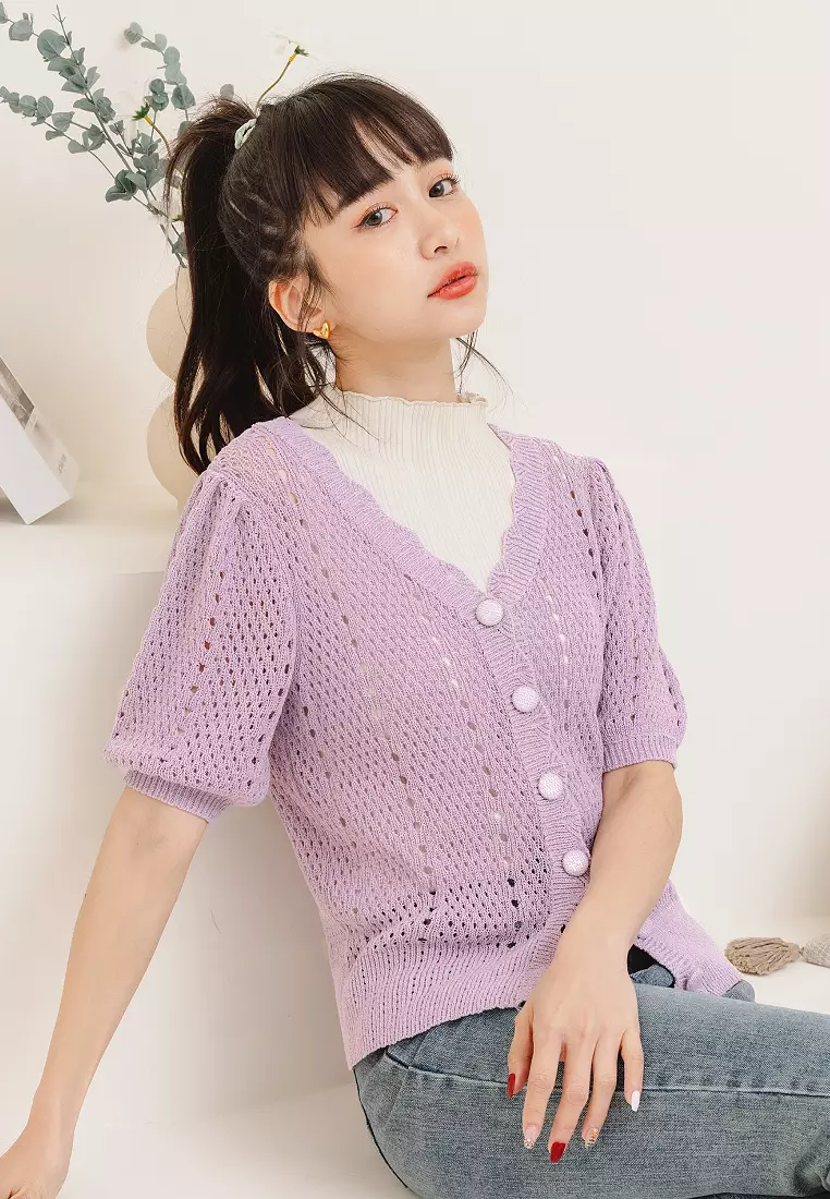 Textured Knit V-Neck Cardigan Top [FA2720]