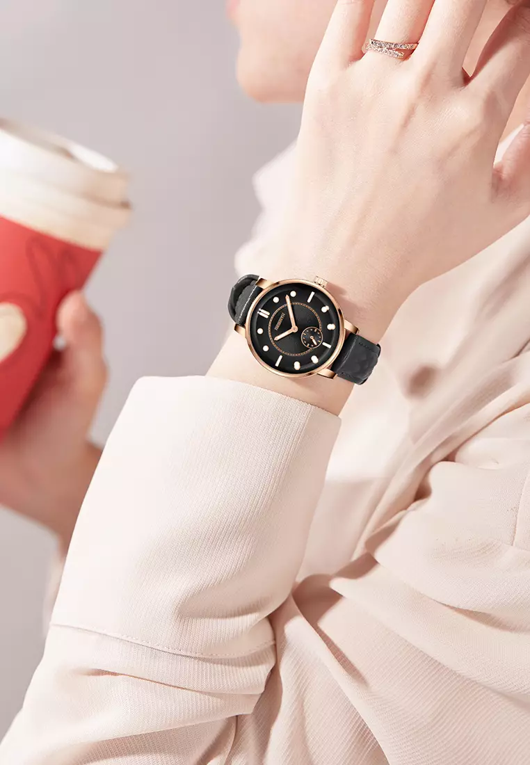 Jam Tangan Wanita Original Anggun Bercahaya Tali Kulit Mode Jam Tangan Cewek allblack