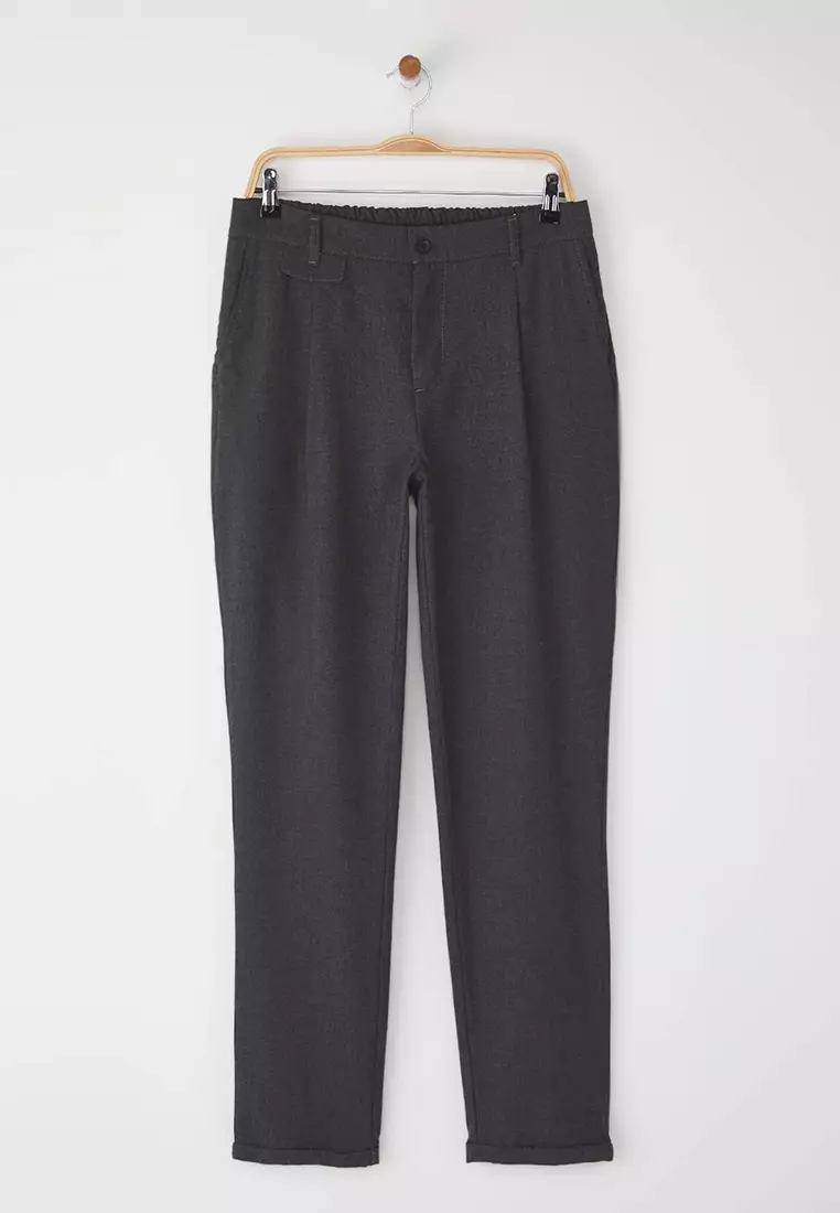 Anthracite Italian Cut Pleated Classic Double Leg Fabric Trousers Tmnss24Pl00022