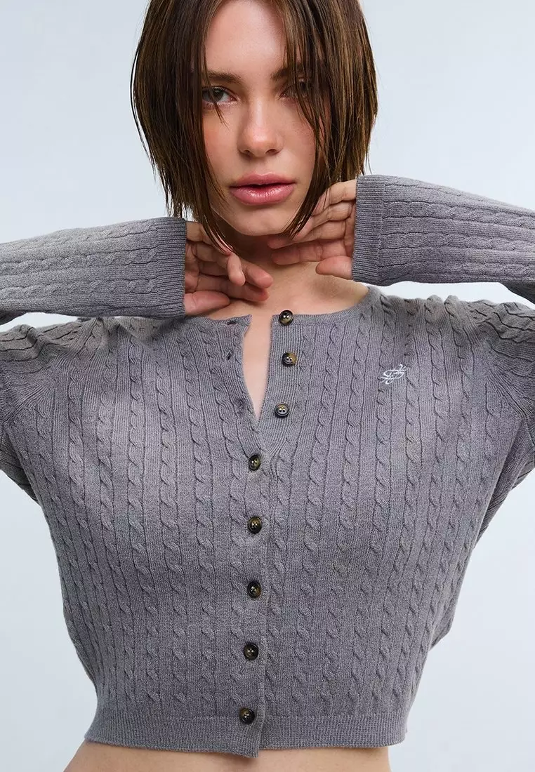 Ribbed Button Front Knit Cardigan - Grey