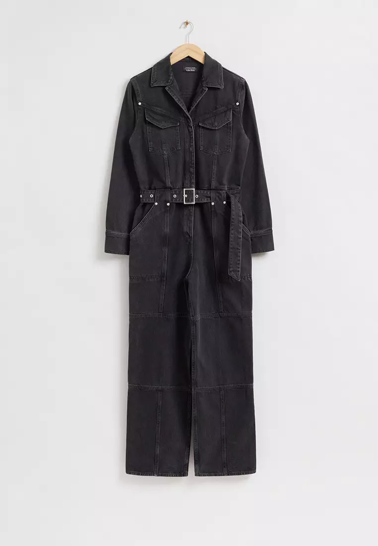 Belted Black-Wash Denim Jumpsuit