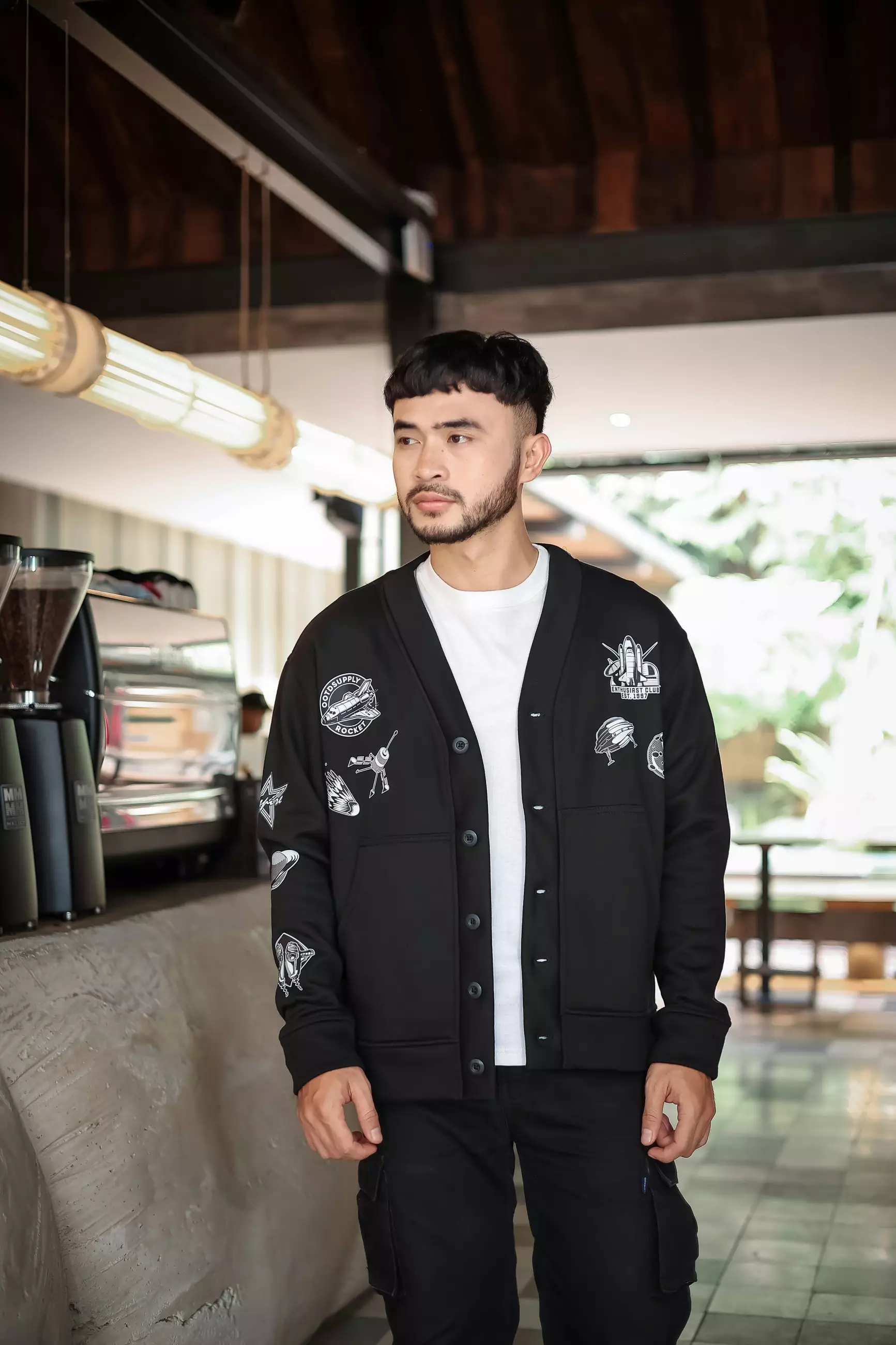 OOTDSUPPLY Unisex Cardigan Rocket Blitz Black | Outerwear Pria & Wanita CG002