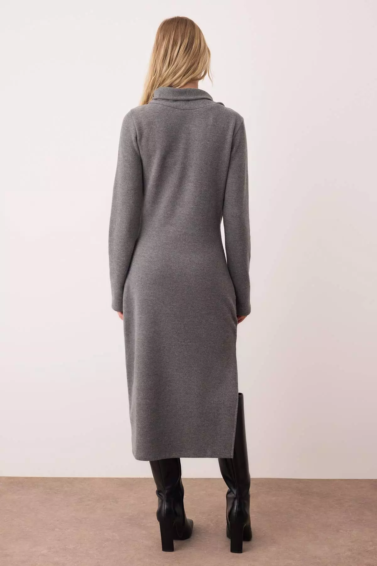 Anthracite Shawl Detailed Selanik/Knitwear Look Bodycon Maxi Knit Dress