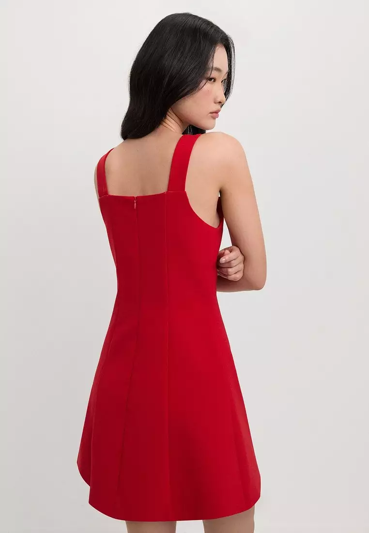 Bow Square Neck Dress - Red