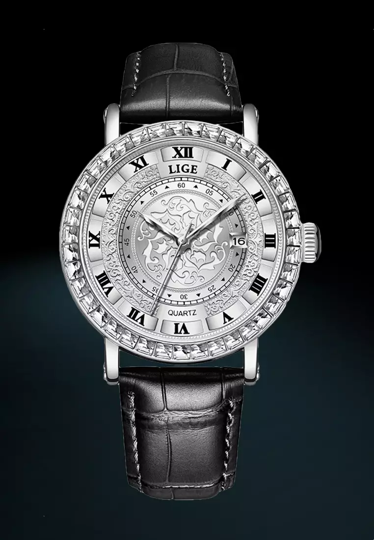 Unisex Quartz Watch, Crystal Paved 42mm watch case, Leather Strap