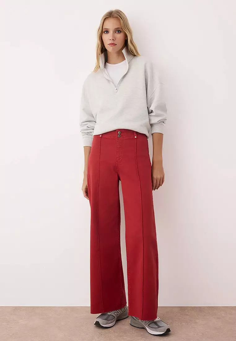 Red High Waist Ribbed Detailed Cut-Out Wide Leg Jeans Twoss25Je00310