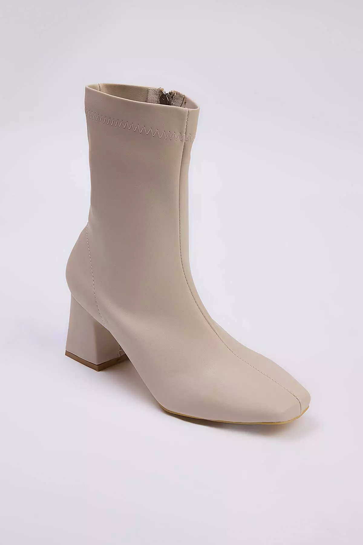 Beige Stretch Zippered Women's Block Heeled Boots Takaw26Bo00002