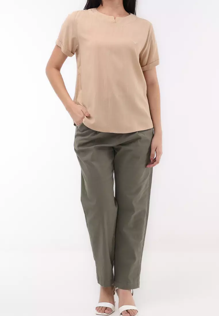 Woven Plain Soft Linen Short Sleeve Blouse