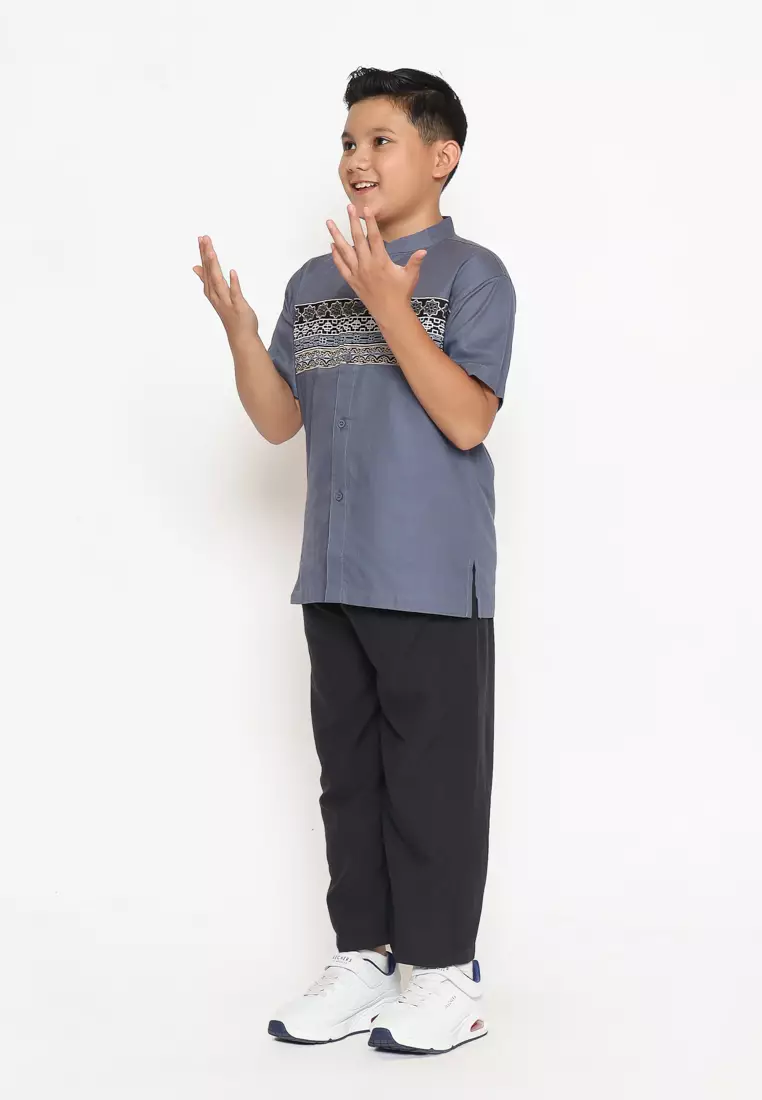 Baju Koko Set Anak Laki Bordir Stone Grey - GENUINE