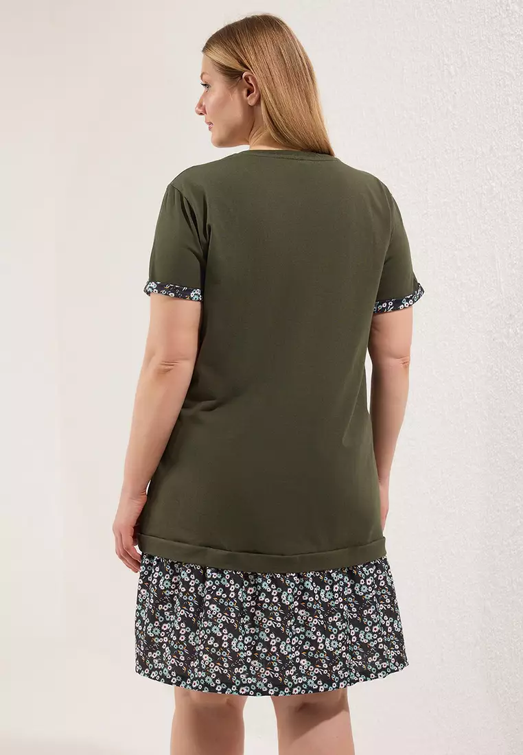 Khaki Sleeve And Hemline Floral Print Knitted Plus Size Dress Tbbss25Ah00190