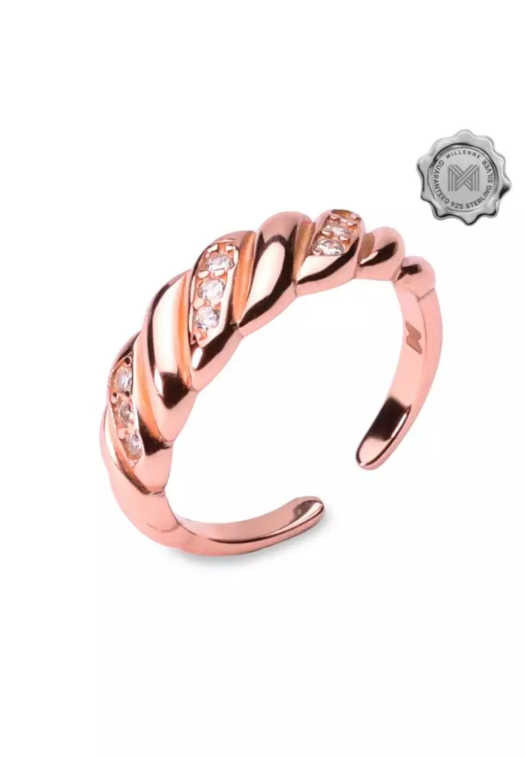 Millennia 2000 Croissant Studded Cubic Zirconia Rose Gold Ring with 925 Sterling Silver