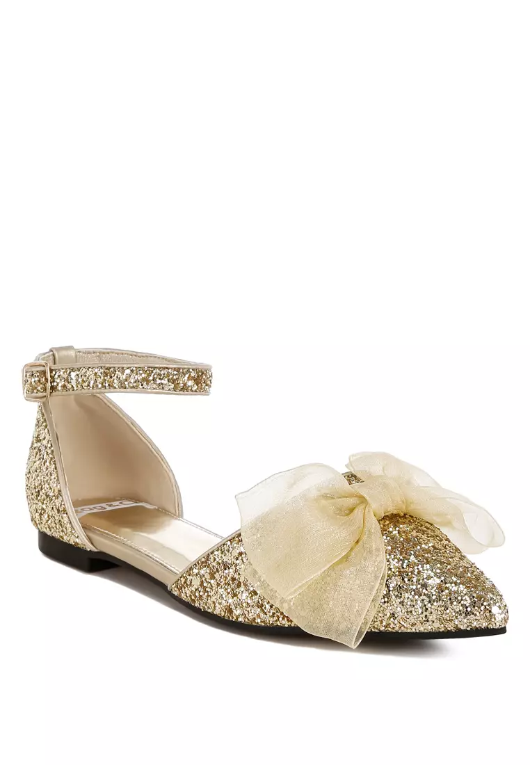 Sheer Bow Detail Glitter Flat Sandals in Gold