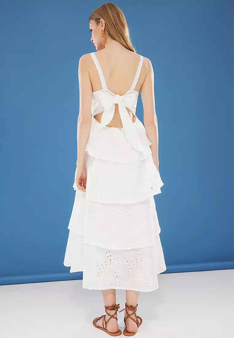 Ecru Skirt With Opening Waist And Back Tie Detail Maxi Embroidered Woven Dress