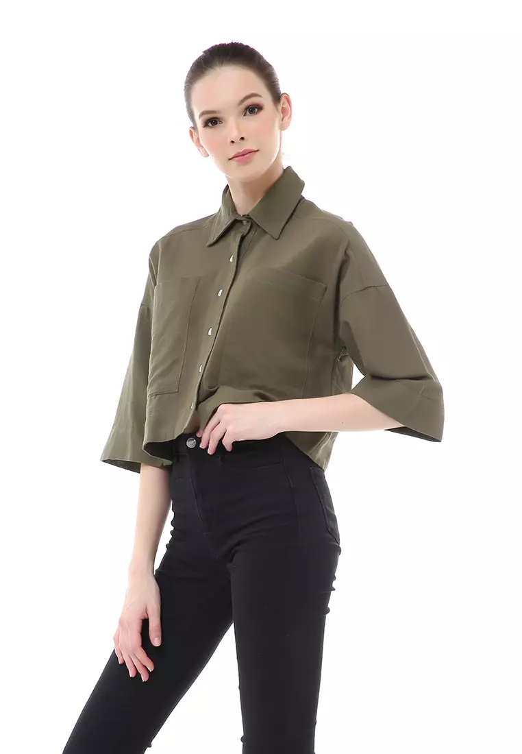Brielle Atasan Wanita Kemeja Crop Oversize Shirt Lengan Panjang Material Linen ORIGINAL - Olive