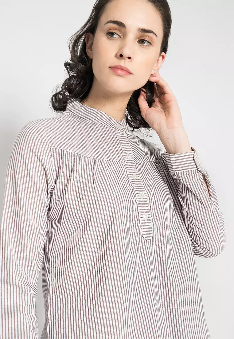 LGS - Kemeja Casual Wanita - Lengan Panjang - Motif Salur Coklat - LSH.384.O1446L.634.CLS