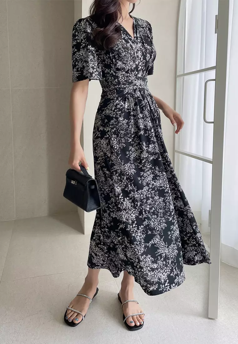 French style ink printed lace up dress CA25032714BK