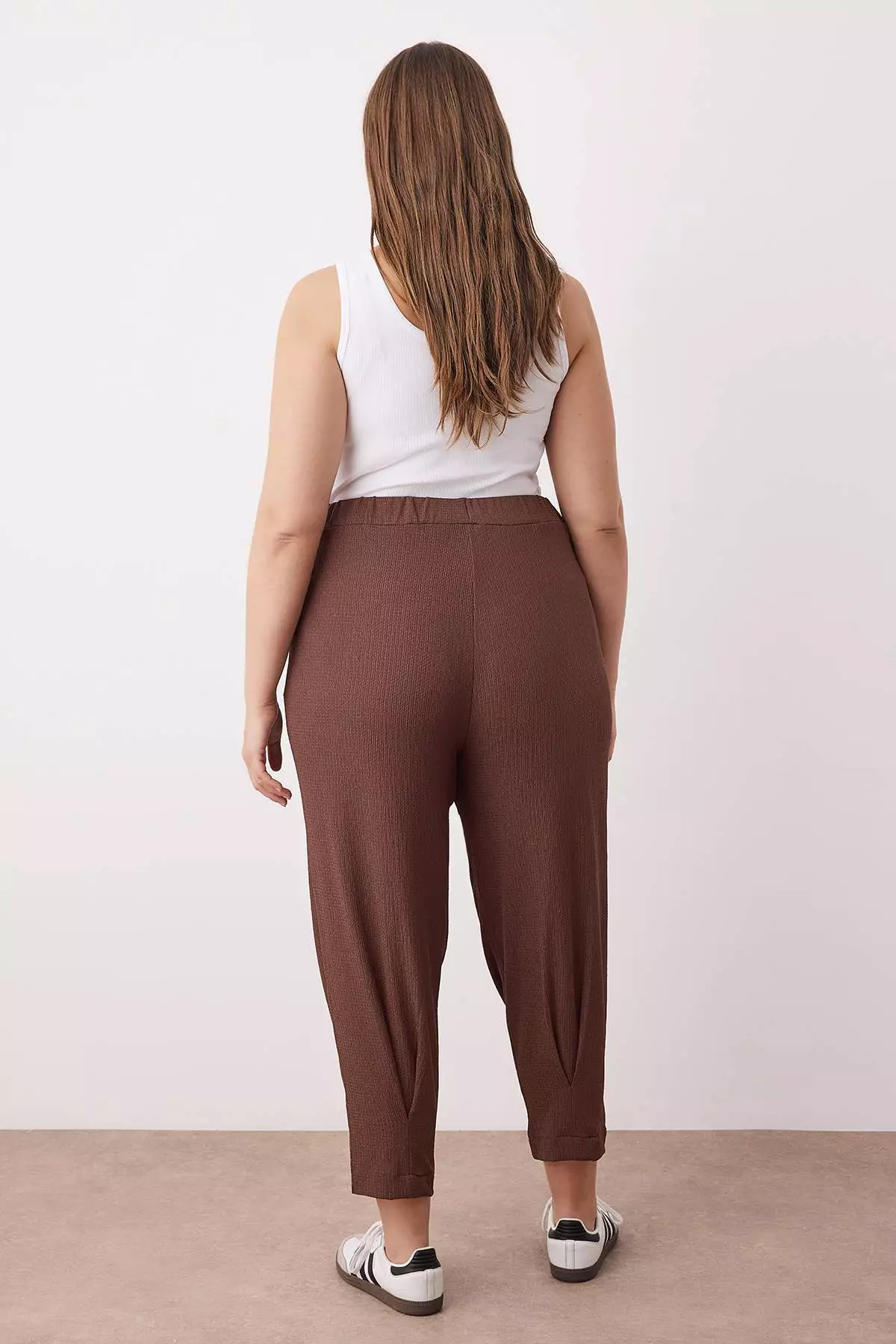 Brown Carrot Fit Elastic Waist Knitted Plus Size Trousers