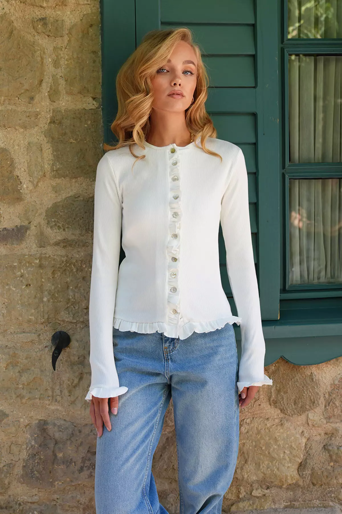 Women's Ecru Crew Neck Ruffle Detailed Button-Front Knitted Blouse Alc-X14533