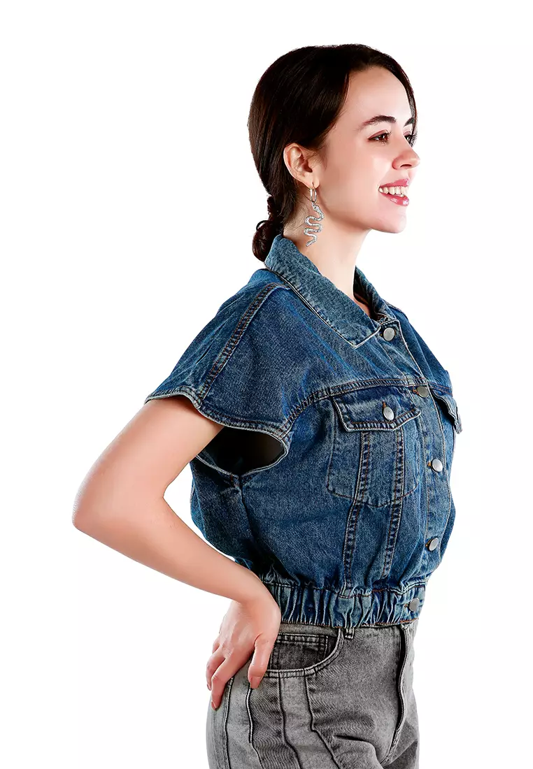 Mid-Blue Drop Shoulder Sleeves Cropped Denim Vest