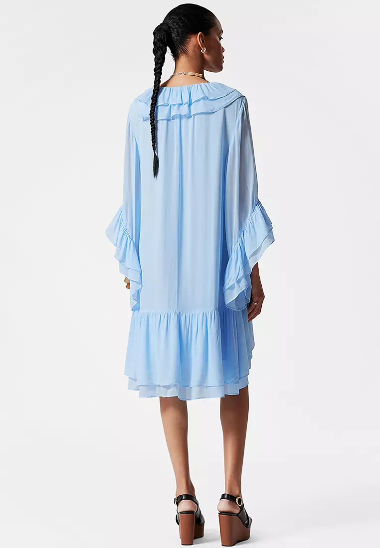 & other stories blue ruffle dress Women's Dresses Arrabel Tiered Ruffle Asymmetric Midi Dress Blue L by Selfie Leslie Clearance