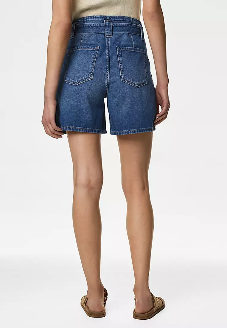 Denim Pleat Front Belted Shorts