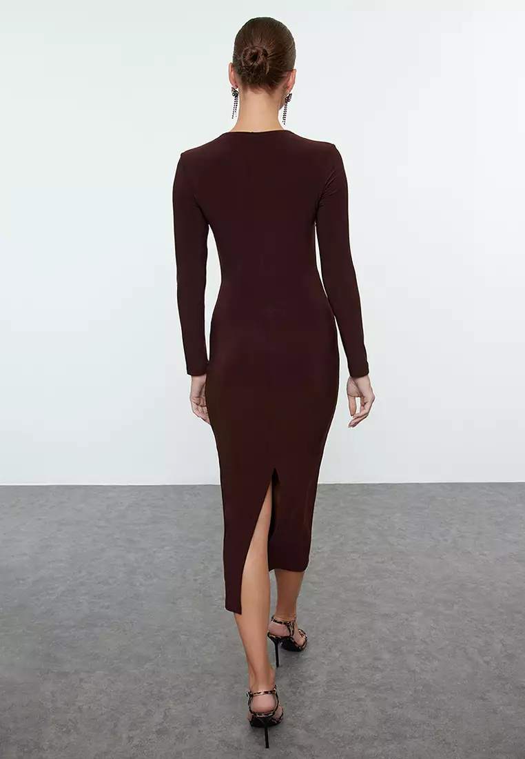 Brown Fitted Knitted Elegant Evening Prom Dress TPRAW25EL00026