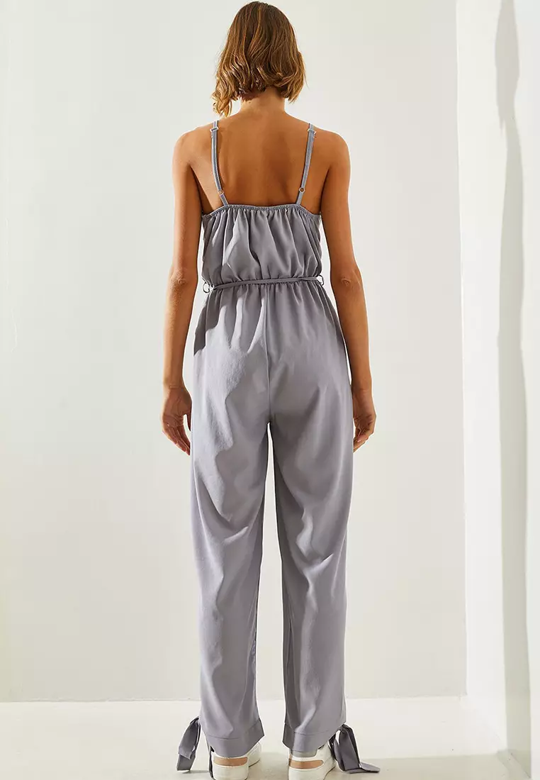 Women's Wrap Collar Detailed Elastic Waist Belted Jumpsuit 21418 60251661