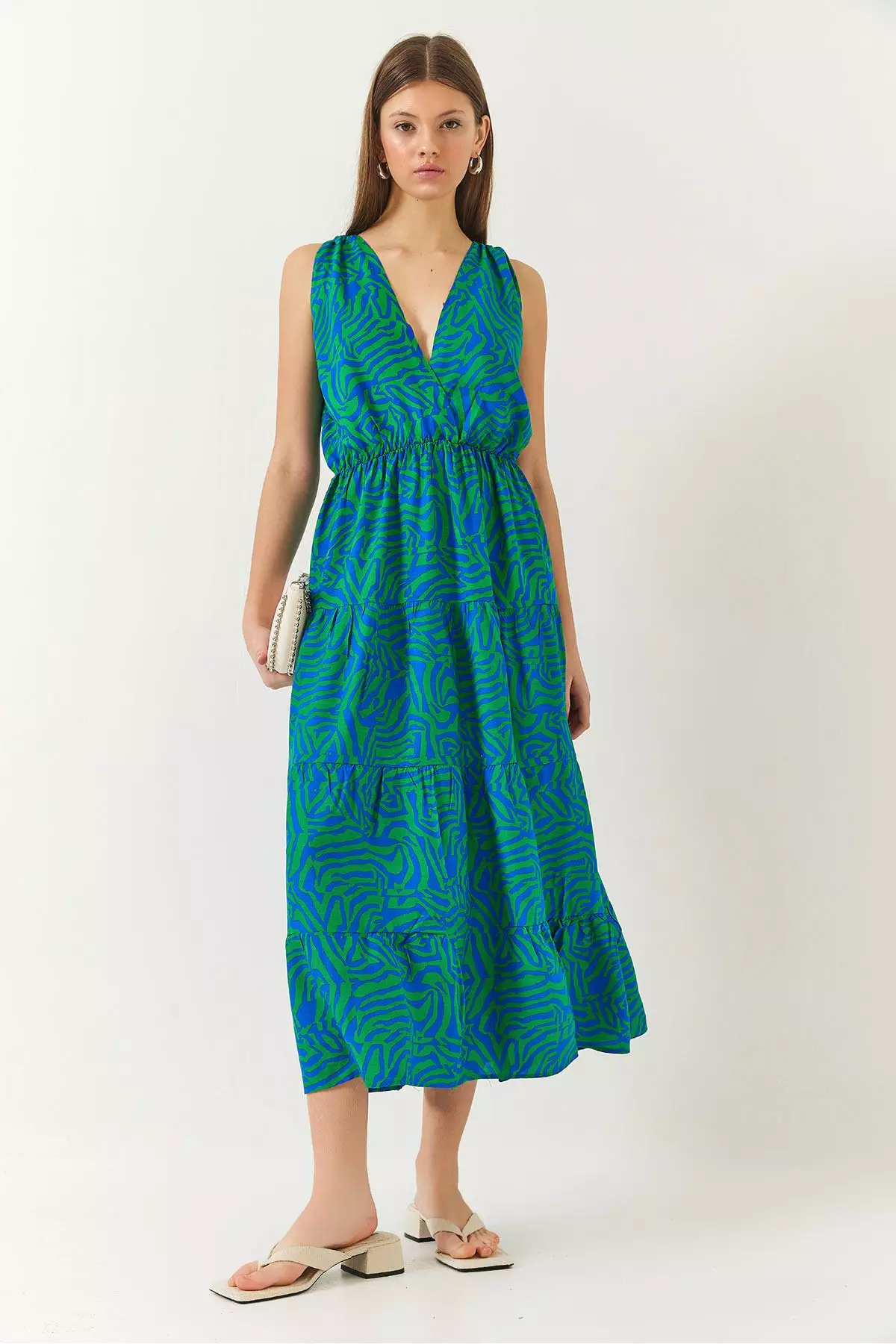 Women's Double Breasted Neckline Elastic Waist Back Rope Tie Print Dress 60261428