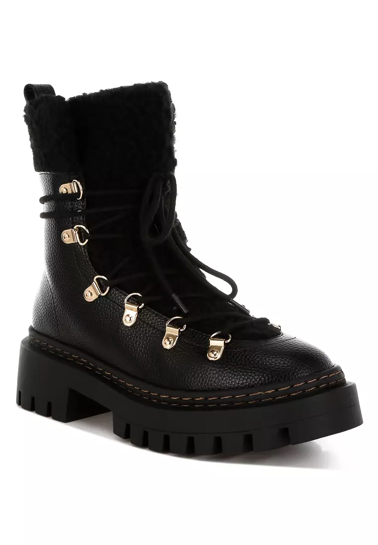 Fleece & Faux Leather Boots in Black