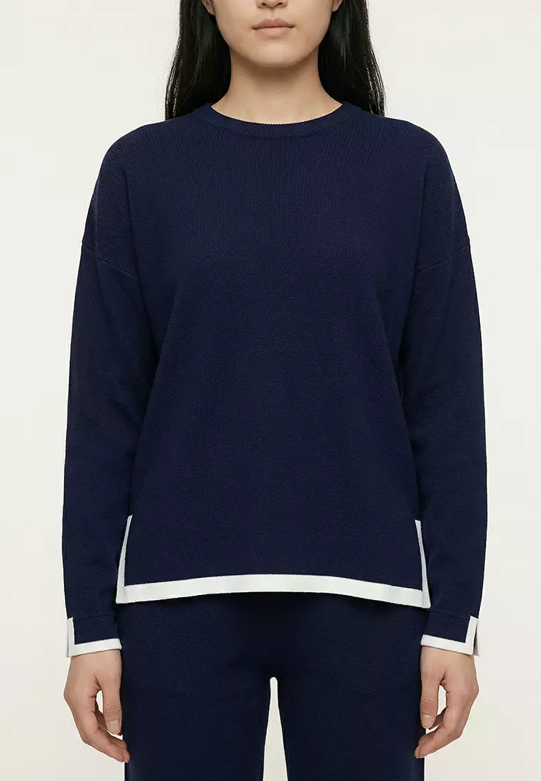 Navy Blue Wide Cut Contrast Color Knitwear Bottom-Top Set TWOAW24AU00062